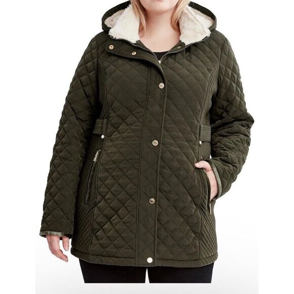Laundry Shelli Segal Quilted Coat Women’s Medium Detachable Hood Green + Stain** - Picture 14 of 16
